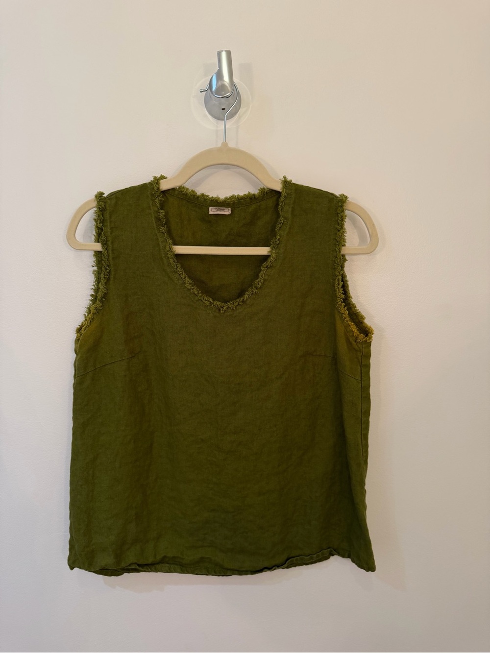 Olive Frayed V-Neck Women's Linen Tank Top